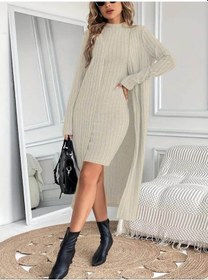 Resim Nnstartshopping Kadın Askılı Balıkçı Yaka Kısa Şardonlu Kaşkorse Elbise Ve Uzun Kollu Ceket Ikili Takım Bej 