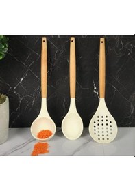 Resim Morponi 3'lü Bambu Saplı Silikon Mutfak Seti Kaşık Kepçe Kevgir Krem 