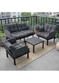 Resim Bahçe Takımı Balkon Ve Cafe Modüler Metal Koltuk Takımı 2+1+1 Sehpalı Füme 1636 Füme 
