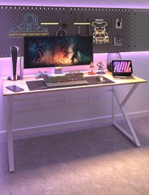 Resim TEKATEL Oyuncu Masası Bilgisayar Masası Ofis masası Metal ayaklı Çalışma Masası Çam - Beyaz 140X60 