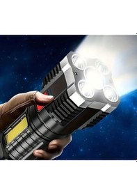 Resim Usb Şarjlı 4 Modlu Multi Led El Feneri - Akıllı Pil Göstergeli Kamp Avcı Işıldak Siyah 