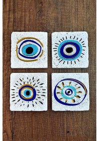 Resim Taş Bardak Altlığı Nazar Boncuğu Baskılı Baskılı 4'lü Set - Stone Coasters Çok Renkli 
