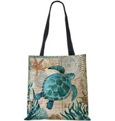 Resim Linchen Kadınlar İçin Eko Keten Tote Çanta - At, Kaplumbağa, Ahtapot Baskılı Omuz Çantasımavi Mavi 