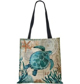 Resim Linchen Kadınlar İçin Eko Keten Tote Çanta - At, Kaplumbağa, Ahtapot Baskılı Omuz Çantasımavi Mavi 