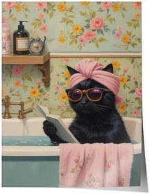 Resim Zestia Çerçevesiz Poster, Banyo Şakası: Gözlüklü Kedi, Banyo Dekoru Poster No: 109834 21 x 30 