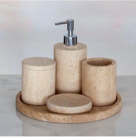 Resim MIARIK DESIGN & DEKORASYON Dekoratif Traverten Mermer Banyo Seti Takımı 5 Li Aksesuar Detaylı Tasarım Set 