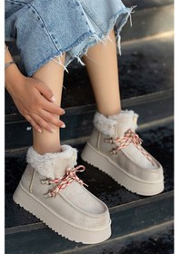 Resim Bağcıklı Kalın Tabanlı Katlanır Yaka Kürklü Kadın Bot Bej 