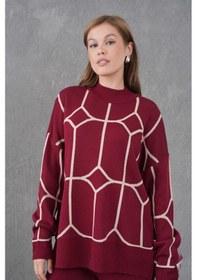 Resim Park Karon Kadın Dik Yaka Desenli Oversize Kazak Pantolon Triko Alt-üst Takım Bordo 