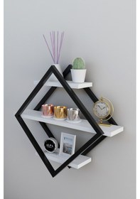 Resim Baklava Desenli 3 Katlı Duvar Rafı ,metal Çerçeveli Dekoratif Kitaplık, Modern Duvar Rafı, Salon Ve Ofis Duvar Dekoru Beyaz 