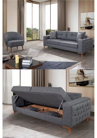 Resim Nola Koltuk Takımı 3 1 & Bazalı Yataklı Koltuk - Antrasit Keten Kumaş 