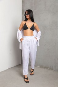 Resim %100 Hakiki Keten Havuç Kesim Bağcıklı Lastikli Kadın Pantolon @Valensiya - Bej / XL 