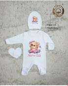 Resim yzc home size dair... K98 T Isme Özel Isimli Baskılı Bebek Tulum Şapka Eldiven Set Hastane Çıkışı 