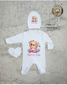 Resim yzc home size dair... K98 T Isme Özel Isimli Baskılı Bebek Tulum Şapka Eldiven Set Hastane Çıkışı 
