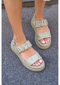 Resim Oliva Kadın Haki Gerçek Deri Sandalet Haki 