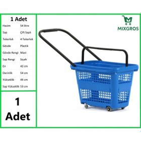 Resim Tekerlekli Plastik Market Alışveriş El Sepeti 54 Litre Mavi 1 Adet 