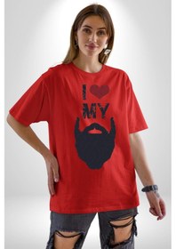 Resim Sakalımı Seviyorum Berber Pamuklu Bisiklet Yaka Unisex Oversize Boyfriend Dijital Baskılı Kırmızı T-shirt Kırmızı 