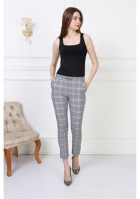 Resim Bluence Beli Ince Kemerli Dar Paçalı Ekose Kumaş Pantolon Gri 