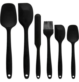 Resim 6'lı Mutfak Seti: Silikon Yumurta Fırçası, Kaşık, Bıçak, Spatula Siyah 