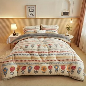 Resim 1 adet Rahat Kış Yatak Örtüsü - Canlı Çiçek Desenli Yumuşak Polar, Kalın ve Sıcak, Makine Yıkanabilir, Polyester Dolgu, Soğuk Hava İçin Mükemmel, Yatak Örtüsü Setleri 