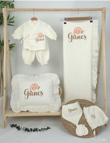 Resim Gros Shop Müslin Yeni Doğan 4katlı Organik %100pamuk Kişiye Özgü Nakışlı Hastane Çıkış Seti Gökkuşağı Model-3 Ekru 