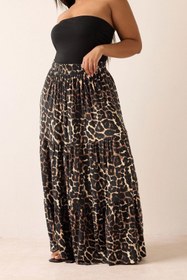Resim Büyük Beden Bürümcük Kumaş Leopar Desenli Beli Lastikli Etek 304237 - 42 / Leopar 
