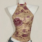 Resim Y2K Kadınlar İçin Kolsuz Çiçek Desenli Crop Top - Esnek Küçük Yuvarlak Yaka Düğme Detaylı, Makinede Yıkanabilir Her Mevsim Giyilebilir 