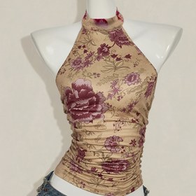 Resim Y2K Kadınlar İçin Kolsuz Çiçek Desenli Crop Top - Esnek Küçük Yuvarlak Yaka Düğme Detaylı, Makinede Yıkanabilir Her Mevsim Giyilebilir 