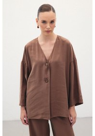 Resim Sateen Düğmeli Kimono - Kahve-136354 Kahve 