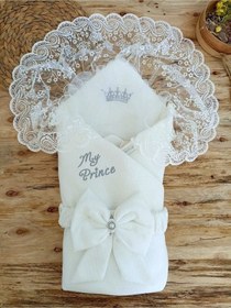 Resim Yeni Sezon Özel Tasarım Bebek Kundağı Unisex Bebek Dış Kundak Battaniyesi Dantelli Hastane Çıkışı Ekru 