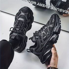 Resim Erkekler için Şık Siyah Kalın Tabanlı Sneakerlar - Nefes Alabilen File & Dayanıklı TPU Taban, EVA Tabanlı Şok Emici Koşu Ayakkabıları, Her Mevsim Günlük ve Spor Kullanım İçin 
