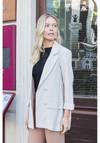 Resim Kadın İpeksi Dokulu Modal Kumaş Yakalı Cep Kapaklı Oversize Salaş Blazer Ceket-taş Taş 