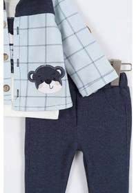 Resim Sevimli Ayı Desenli Düğmeli Pamuklu Zıbın Uzun Kol Erkek Bebek 3'lü Takım Alt Üst Erkek Bebek Takım Lacivert 