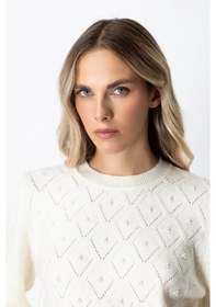 Resim On Fashion Kadın İncili Baklava Desenli Ekru Kazak 63316 Ekru 