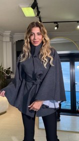 Resim Dik Yaka Kuşaklı Kaşe Panço Antrasit - L 