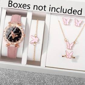 Resim 6'lı set, suni deri, yapay elmas süslemeler ve uyumlu kelebek küpeler, bileklik, yüzük ve kolye içeren şık bir kadın saati içerir. Noel, Cadılar Bayramı, Şükran Günü, Mezuniyetler ve arkadaşlar için hediye olarak mükemmeldir. 