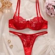 Resim 1 Set Seksi Dantel İç Çamaşırı Seti Kadınlar Için - Kırmızı & Siyah Tanga Çoraplarla Kontrast Dantel Detay, Örgü Kumaş Sütyen ile Tel, %95 Polyester %5 Elastan, Hafif Destek, Düşük Bel Tasarımı, Yetişkin - No Ped 