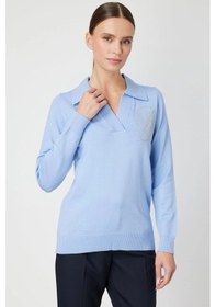 Resim On Fashion Kadın Omuz Yaprak Zincirli Açık Mavi Kazak 65334 Çok Renkli 