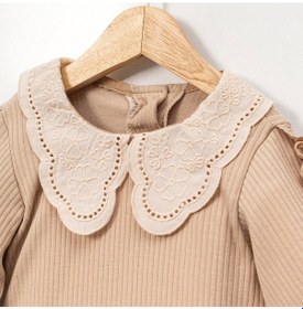 Resim Kız Çocuk 1-2-3-4 Yaş Dantel Yakalı Fırfırlı Kol Sweat %100 Pamuk Kahverengi 