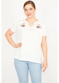 Resim Kadın Kemik Büyük Beden Nakış Ve Bağcık Detaylı Bluz-kemik Kemik 