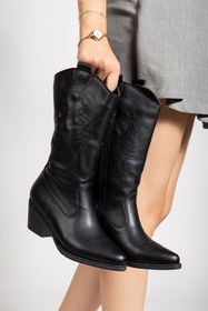 Resim mysticaluxe Shoes Kadın Siyah Suni Deri Siyah Nakışlı Western Kovboy Cowgirl Bot Çizme M0010 
