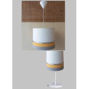 Resim Beyaz Sarı Gri Kumaş Kaplama 2.li Set Yatak Odası Genç ve Çocuk Odası Avize ve Abajur Seti 