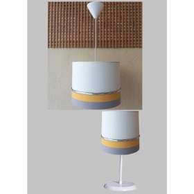 Resim Beyaz Sarı Gri Kumaş Kaplama 2.li Set Yatak Odası Genç ve Çocuk Odası Avize ve Abajur Seti 