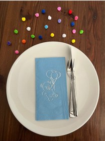 Resim Gümüş Yaldızlı Mavi Sevimli Ayı Baskılı Garson Katlama Peçete 16 Adet 