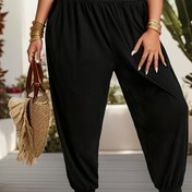 Resim 1 adet Kadınlar için Şık Düz Renkli Polyester Sivri Uçlu Jogger Pantolon, Hafif Esnek Örme Kumaş, Tüm Sezon Havuç Bacak Tasarımı, %100 Polyester 