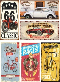 Resim Araba Motor Temalı 2- 6lı Retro Ahşap Poster Seti 