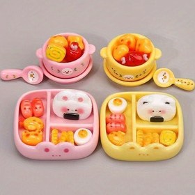Resim 15 Parça Mini Bento Seti, Domuzcuk ve Kedi Pirinç Topu ile Çeşitli Yiyecekler, Bebek Evi Sahneleri için Mükemmel, Masa Süsleri veya Bayram Dekorasyonları | Yaratıcı Dekor | Reçine Yapımı, Minyatür Bebek Evi Aksesuarları 