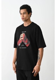 Resim Barlashive Erkek Boxy Eldiven Baskılı T-shirt Kısa Kol Bisiklet Yaka Tişört - Siyah Çok Renkli 