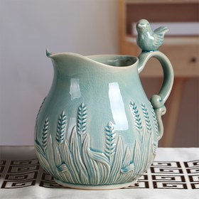 Resim 1 adet Rustik Seramik Vazo Kuş Saplı - Pastoral Stil, Çiçek Deseni, Bitkiler İçin Su Kapları, Balkon ve Oturma Odası Dekoru İçin İdeal, Bitki Dekor Vazo | Çiçek Seramik Vazo | Dekoratif Bitki Kapları, Bitki Süsleri 
