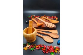 Resim El Işçiliği 8'li Ahşap Mutfak Seti, Doğal ve Şık Tasarım 