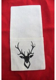 Resim Yılbaşı 6 Adet Dekoratif Keten Geyik Kafası Baskılı Kaşıklık Krem 